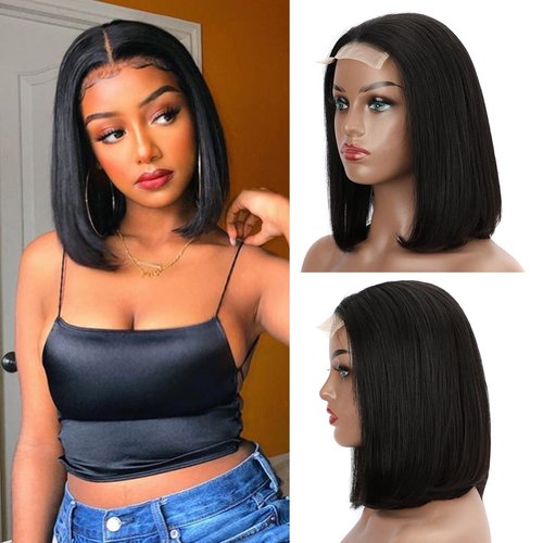 LICHANG 12 Inch Wear And Go Short Bob Wig Straight Bob Wig Human Hair for Black Women 4x4 Lace Closure Bob wigs human hair Pre Plucked With Baby Hair Brazilian Virgin Hair Natural Color 180% Density