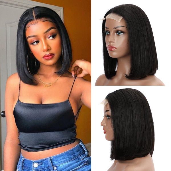LICHANG 12 Inch Wear And Go Short Bob Wig Straight Bob Wig Human Hair for Black Women 4x4 Lace Closure Bob wigs human hair Pre Plucked With Baby Hair Brazilian Virgin Hair Natural Color 180% Density