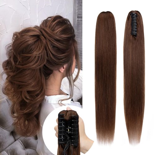 Rich Choices Claw Clip Ponytail Extension Human Hair Real Hair Ponytail Extension Balayage Medium Brown 22 Inch 120g One Piece Clip In Long Ponytail Hair Extensions Straight For Women #4