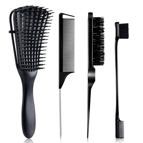 Detangling Brush Curly Hair Brush for Women/Men/Kids Detangler Brush Set for Natural Hair with Edge Brush Rat Tail Comb Bristle Brush, Detangling Styling Brush for All Hair Styling (Black)