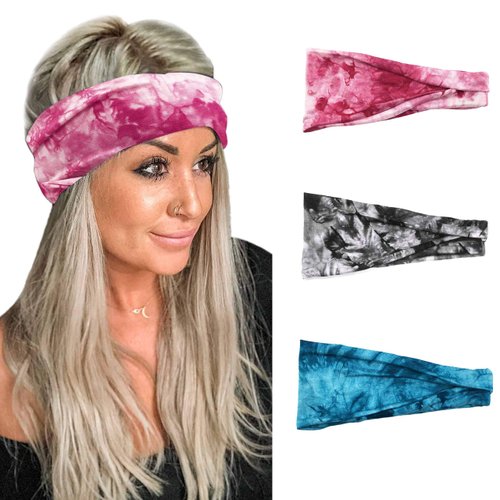 Vinzar Boho Headbands Wide Knot Hairbands Bandeau Funtopia Hair Bands Yoga Head Wraps Tie Dye Hairband Stretch Turban Head Band Sport Hair Accessories for Women and Girls (Tie Dye 2-3 Pack)