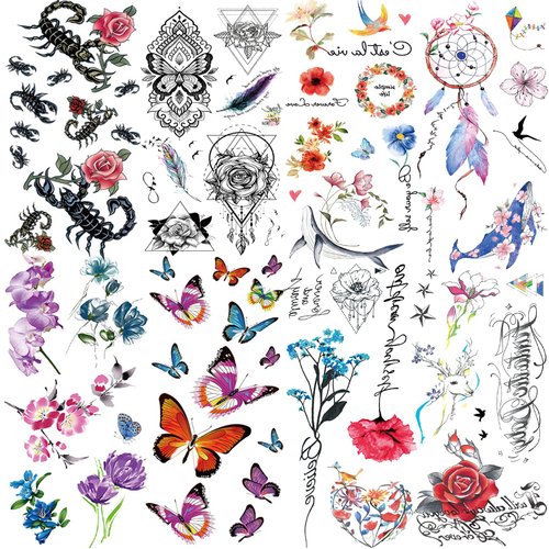 8 Sheets Temporary Tattoos - 60+ Pcs Colorful & Waterproof Fake Tattoos Stickers, Including Butterflies, Flowers, Roses, and Animals Temporary Tattoos for Adults and Women