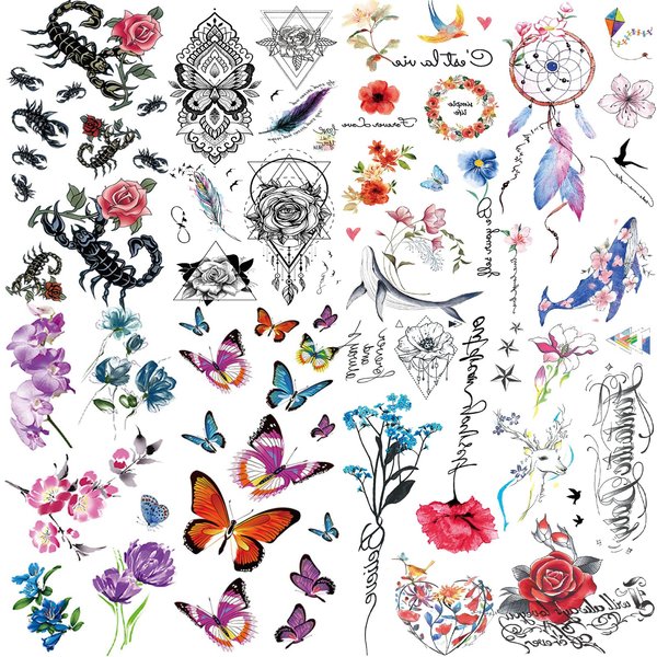 8 Sheets Temporary Tattoos - 60+ Pcs Colorful & Waterproof Fake Tattoos Stickers, Including Butterflies, Flowers, Roses, and Animals Temporary Tattoos for Adults and Women