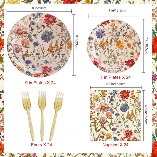 96 Pcs Wildflower Party Supplies Paper Plates and Napkins Spring Floral Baby Shower Disposable Birthday Tableware Decorations for Summer Picnic Wedding Tea Party, Serve 24 Guests
