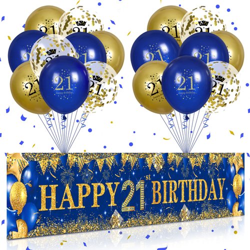 21st Birthday Decorations for Boys Girls Blue and Gold, Navy Blue Gold Birthday Yard Banner 18 PCS 21st Happy Birthday Balloons for 21st Anniversary Birthday Party Supplies Indoor Outdoor Yard Decor