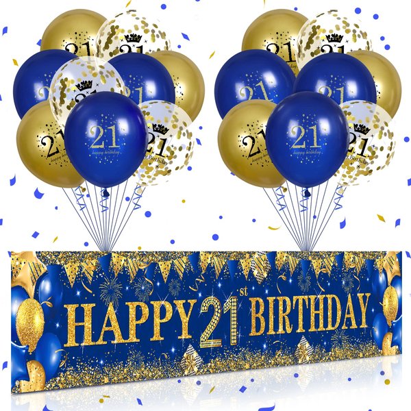 21st Birthday Decorations for Boys Girls Blue and Gold, Navy Blue Gold Birthday Yard Banner 18 PCS 21st Happy Birthday Balloons for 21st Anniversary Birthday Party Supplies Indoor Outdoor Yard Decor