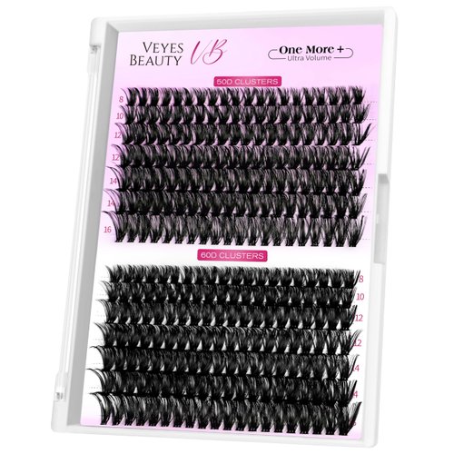 VEYESBEAUTY Lash Clusters 50D 60D Volume Individual Lashes Thin & Invisible Band Wispy Lashes One More+ DIY Eyelash Extensions 8-16mm Mix Tray for Self Application