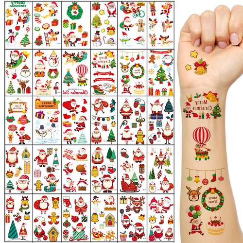 Generic Christmas Temporary Tattoos for Kids, 30 Sheets Santa Claus Snowman Xmas Waterproof Body Stickers for Holiday Party Decorations, Red