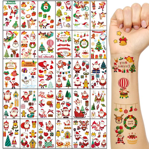 Generic Christmas Temporary Tattoos for Kids, 30 Sheets Santa Claus Snowman Xmas Waterproof Body Stickers for Holiday Party Decorations, Red