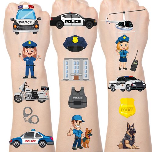 Lovarywow Police Temporary Tattoos for Kids - 200+ Police Birthday Party Decorations Police Car Fake Tattoos Stickers Gifts Police Badge Tattoo Temporary Police Party Favors Supplies for Boys Girls