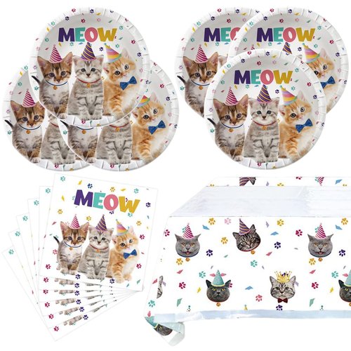 Cat Party Supplies Tableware ,20 Plates and 20 Napkins and Tablecloth71 '' x 42 '',Kids Cat Birthday Theme Party Decorate Supplies
