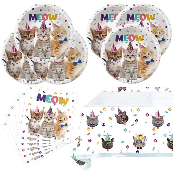 Cat Party Supplies Tableware ,20 Plates and 20 Napkins and Tablecloth71 '' x 42 '',Kids Cat Birthday Theme Party Decorate Supplies