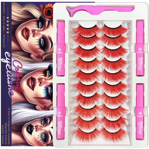 7C SEVENCROWN Color Magnetic Eyelashes Colored Eyelashes for Halloween Party Cosplay Makeup Kit,10 Pairs Magnetic Cat Eye Lashes with Eyeliner, Full Volume Red Look 18-23MM Fake Eyelash Cruelty-Free