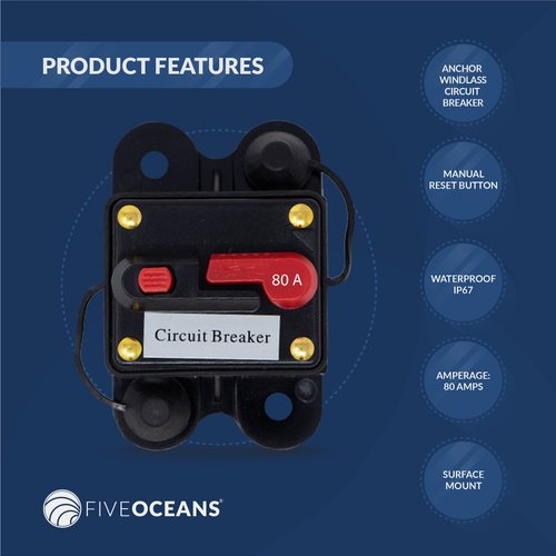 Five Oceans FO3294 80 Amps Anchor Windlass Circuit Breaker with Manual Reset Button, 12 Volts, Waterproof IP67, Surface Mount, Easy Installation