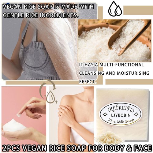 LJYBoBin 2PCS Vegan Rice Soap for Body & Face,Gentle Long-lasting Moisturizing Rice Milk Soap for All Skin Type,Deep Cleaning Rice Handmade Soap Bar for Men & Women