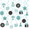 Happy 19th Birthday Party Hanging Swirls Streams Ceiling Decorations, Celebration 19 Foil Hanging Swirls with Cutouts for 19 Years Teal Silver Black Blue Birthday Party Decorations Supplies
