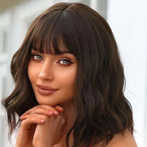 OTO BELLA Dark Brown Wig Short Curly Wigs with Bangs Synthetic Heat Resistant Wig for Women Girl ...