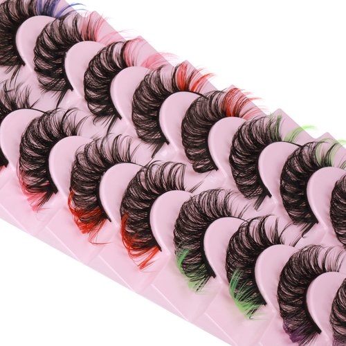 wiwoseo False Eyelashes Colorful Russian Strip Lashes Colored Faux Mink Lashes Natural Wispy Fluffy 18MM 3D Effect Color Fake Eyelashes for Festival 10 Pairs Pack
