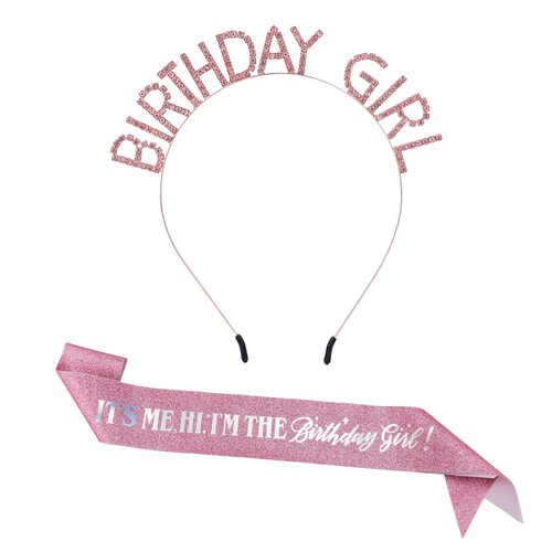 NQEUEPN Birthday Sash and Crown, Pink It's Me Hi i'm The Birthday Girl Sash and Crown Rhinestone Headband Hair Accessories for Women Girls Gift Birthday Decoration Party Favors