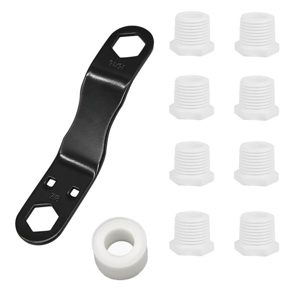 RVPNR.CN RV Water Heater Drain Plug Kit, Include Angled Wrench, 8 Pieces 1/2" NPT Replacement Plugs and 1 Roll PTFE Tape