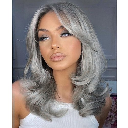 LEOSA Gray Wigs for Women Silver Wig with Curtain Bangs Layered Wig Long Wavy Gray Ombre Wig Shoulder-Length Long Haired Wig Synthetic Light Grey Wig Natural Real Hair Wig for Daily Party Use