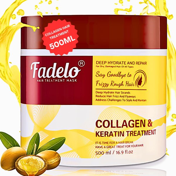 Fadelo Collagen Hair Mask for Damaged Hair-Deep Nourishing Repair Conditioning Argan Oil Treatment-For Dry, Damaged Textures, Boosts Texture & Resilience 500ml/16.90 oz, Yellow
