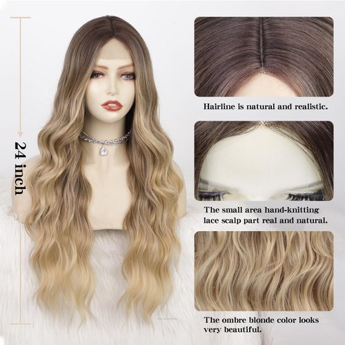 AISI QUEENS Ombre Blonde Wigs for Women Long Curly Wavy Wigs Heat Resistant Synthetic Fiber Wigs Hair Replacement Wigs for Daily Party Use 24 Inch