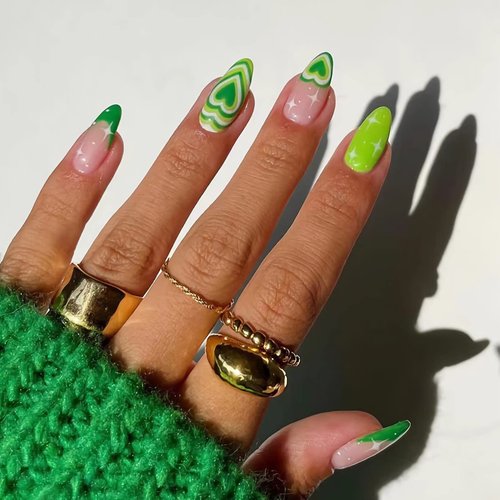 BABALAL Press on Nails Medium Fake Nails Almond Glue on Nails Acrylic Nails Green Swirl Stick on Nails 24Pcs Stiletto Nails for Women and Girls