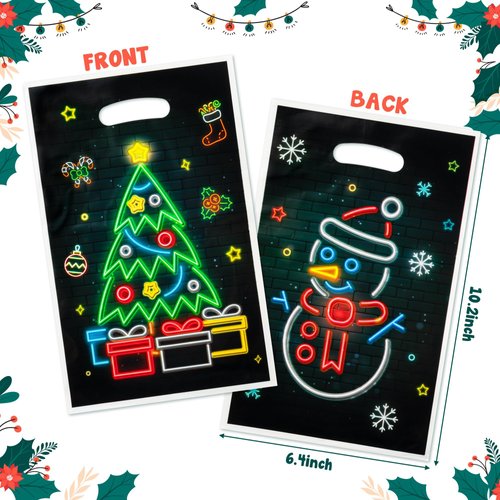 ANGOLIO 50Pcs Christmas Glow in the Dark Favors Bags Print Christmas Tree Snowman Candy Treat Bags with Handles Plastic Gifts Snack Bags Party Favor Supplies Back to School for Kids