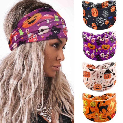 Olbye Headbands for Women Wide Knotted Headband Turban Non Slip Hairbands Elastic Pumpkin Hairband Skull Head Bands Workout Head Wraps Yoga Hair Scarf Ghost Cosplay Halloween Hair Accessories 4Pcs (B)