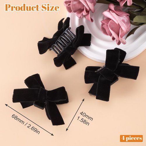 HINZIC 4pcs Black Bow Hair Claw Clips, Mini Bowknots Hair Clamps, Velvet Bows Hair Barrettes Alligator Hair Clips for Christmas Halloween Birthday Women Accessories