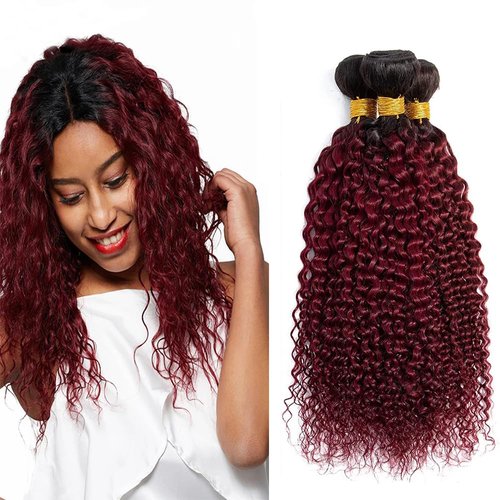 1b99j Human Hair Bundles Burgundy Bundles Human Hair 1b99j Kinky Curly Bundles 12 14 16 inch Double Weft Brazilian Virgin Remy Hair Extensions Two Tone Black To Burgundy Human Hair Bundles