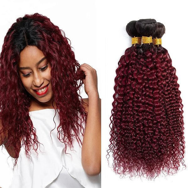 1b99j Human Hair Bundles Burgundy Bundles Human Hair 1b99j Kinky Curly Bundles 12 14 16 inch Double Weft Brazilian Virgin Remy Hair Extensions Two Tone Black To Burgundy Human Hair Bundles