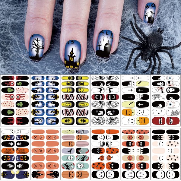SOGAYU 12 Sheets Halloween Full Nail Wraps Art Stickers, Nail Polish Strips Nail Decals DIY Self-Adhesive Pumpkin Bat Ghost Spider Vampire Pattern with 2 Piece Nail Files for Party Decor (168 Pieces)