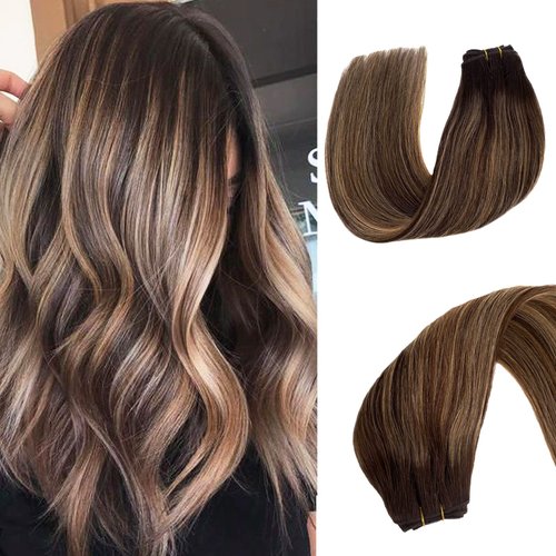 Sew in Weft Hair Extensions Human Hair, Brown to Golden Brown with Blonde Highlights Human Hair Sew in Extensions, Hand Tied Wefts Human Hair Ombre Sew in Hair Extensions Real Human Hair 12inch 80g