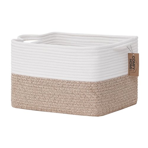 COMFY-HOMI Cotton Rope Woven Basket With Handles for Shelves ,Toys ,Book, Cloth Storage Baskets for Organizing-13.5" x 11" x 9.5" Decorative Organizer for Living Room, Bathroom （White/Brown）