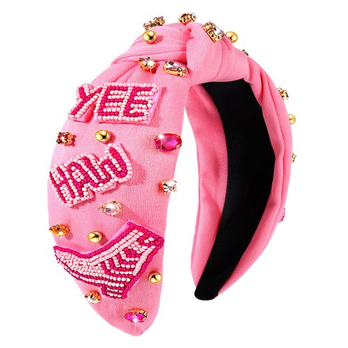 Western Headband Rhinestone Crystal Knotted Headbands Hot Pink Beaded YEEHAW Headband Jeweled Embellished Wide Top Knot Headband Western Cowgirl Accessories for Women Country Concert Rodeo Nashville