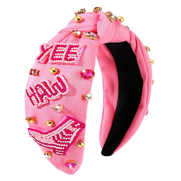 Western Headband Rhinestone Crystal Knotted Headbands Hot Pink Beaded YEEHAW Headband Jeweled Embellished Wide Top Knot Headband Western Cowgirl Accessories for Women Country Concert Rodeo Nashville
