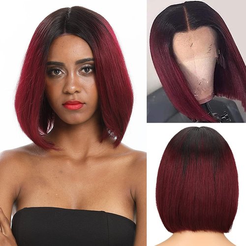 Spotlight 10 Inch Short Bob Wigs Human Hair T Part Lace Front Wigs Brazilian Virgin Hair Remy Silky Straight Bob Wigs for Black Women 150% Density Wigs with Baby Hair Ombre Burgundy Red Color