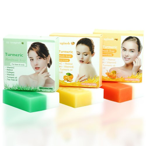 3 Pack Turmeric Soap Bar with Vitamin C, Tumeric Soap Turmeric Face Wash, Infused with Collagen- VE- VC, Cleanse, Soothing & Nourishing Skin, Tea Tree & Orange & Papaya Scent 3.5 oz