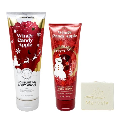 Bath & Body Works Winter Candy Apple - Duo Gift Set - Moisturizing Body Wash and Body Cream with a Natural Oats Sample Soap.