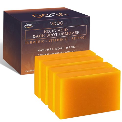 VDDO-Kojic-Acid-Soap, Turmeric Soap for Dark spots with Vitamin C, Vitamin E,Retinol, Collagen, Turmeric - Original,Olive Oil,Hyaluronic Acid for Reduces Dark Spots - 105g*4Pack