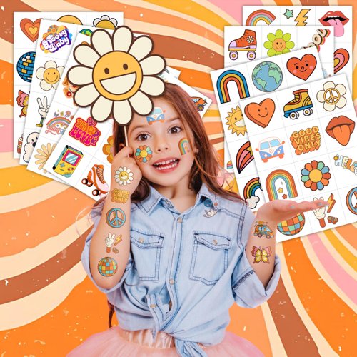 96PCS Groovy 70s Temporary Tattoos Birthday Party Decorations Favors Flower Power Good Vibes Retro Cute Tattoos Sticker Gift for Kids Boys and Girls, Prizes Themed Baby Shower Supplies