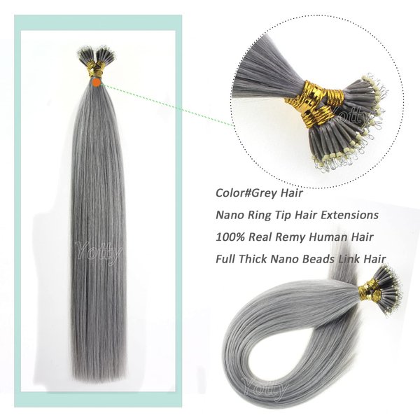 Nano Ring Hair Extensions Human Hair Keratin Cold Fusion Nano Tip Micro Nano Beads Link Thick Hair Balayage Highlight Ombre Real Remy Hair 1g/s (18inch50gr50s, Silver Gray)