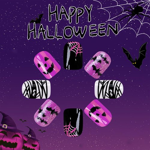 Halloween Press on Nails Short Square Fake Nails with Ghost Bat Mummy Spider Web Design Glitter Purple Nails Press ons Cute Acrylic Nails Full Cover Glossy Glue on Nails for Women and Girls 24 Pcs