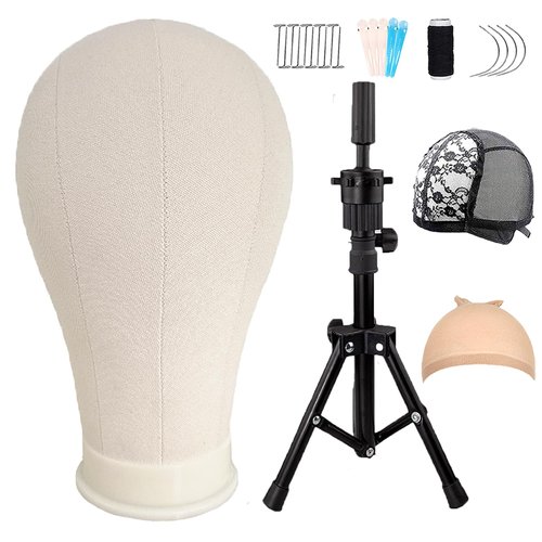 23Inch Wig Head,Wig Stand Tripod with Head,Canvas Wig Head,Wig Head Stand with Mannequin Head for Wigs,Manikin Canvas Head Block Set for Wigs Making Display with Table Clamp, Wig Cap and T pins