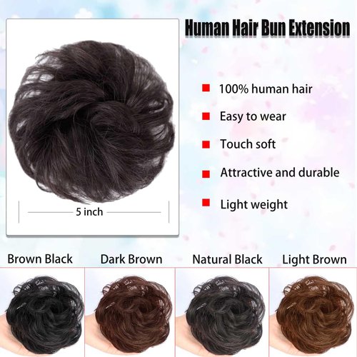 YOSILADY Messy Bun Hair Piece Human Hair Brown Black Hair with Elastic Band Scrunchies Stretchy Fluffy Chignon Ponytail Hairpieces Updos for Women Girls (2#/Brown Black, Curly)