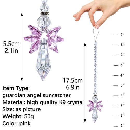 Rainbow Guardian Angel Crystal Suncatcher as Home/Car Decoration & Porch Decor & Hangings Crystal Glass Ornament (Pink)