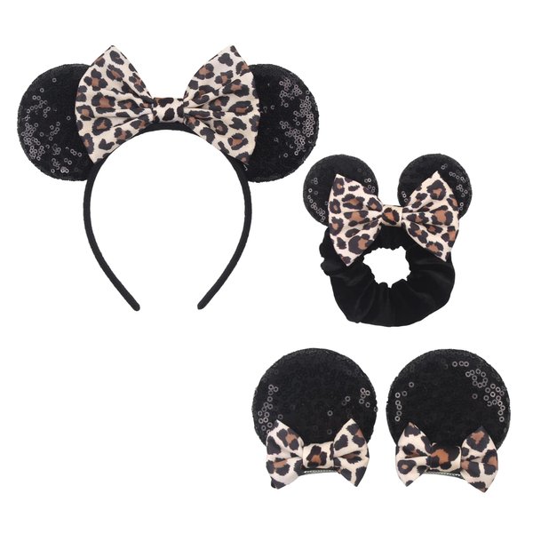 zhezesmila Leopard Mouse Ears Headband, Animal Party Headwear - Classic Ears Clips, Scrunchies, Princess Accessories for Women and Girls