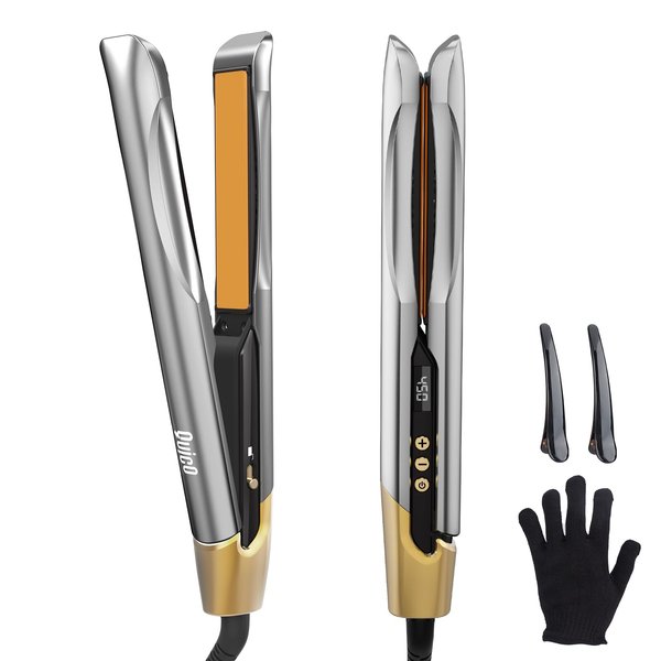 Quico Professional Hair Straightener 120V-240V, Unique Small Waist Designed Travel Straightener and Curler for Women, Flat Iron Negative Ion & Ceramic Floating Plates, Auto On/Off, with Glove & Clip